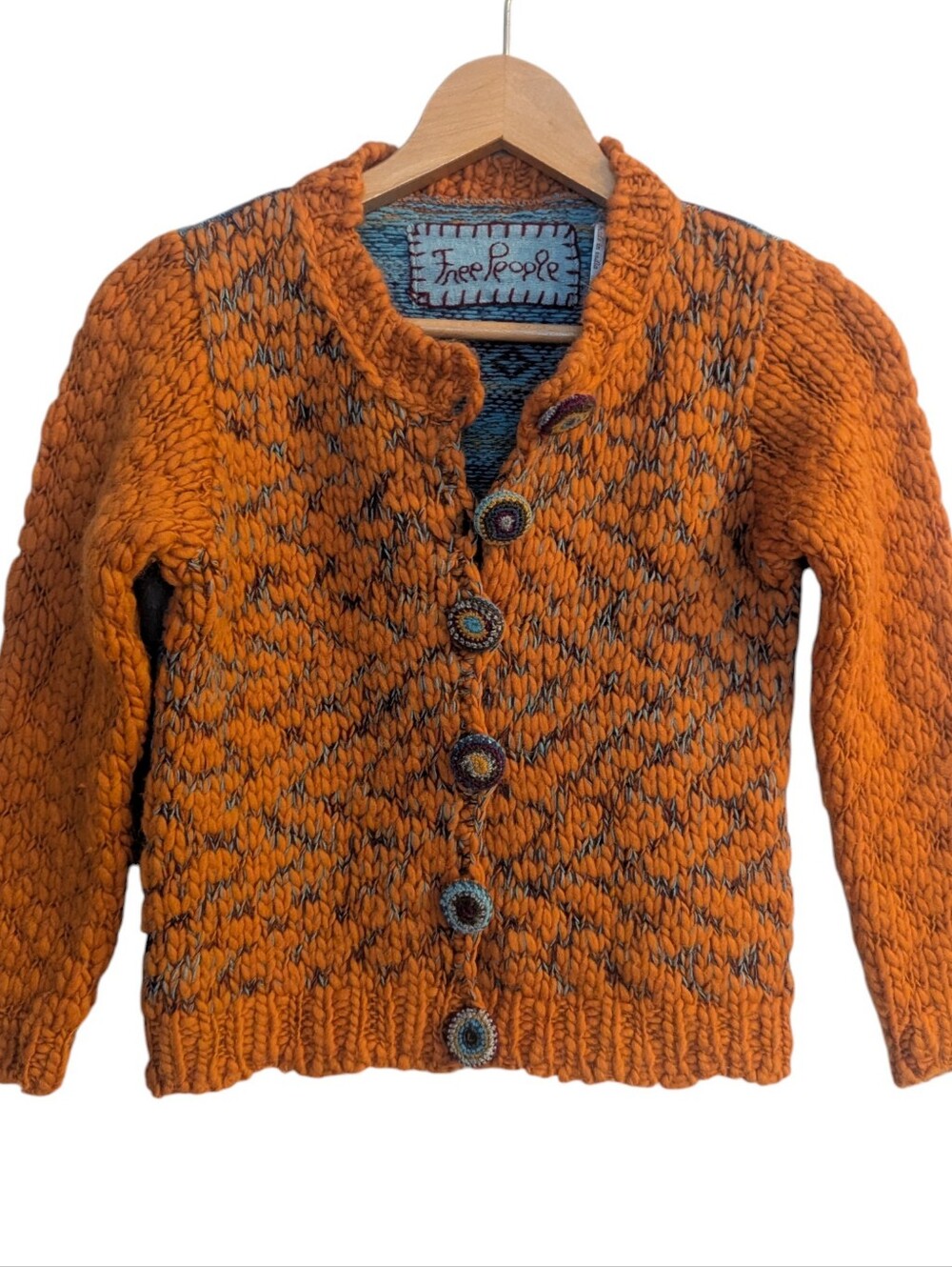 Vintage FREE PEOPLE Burnt Orange/Blue Mixed Media Chunky Fair Isle Back Sweater